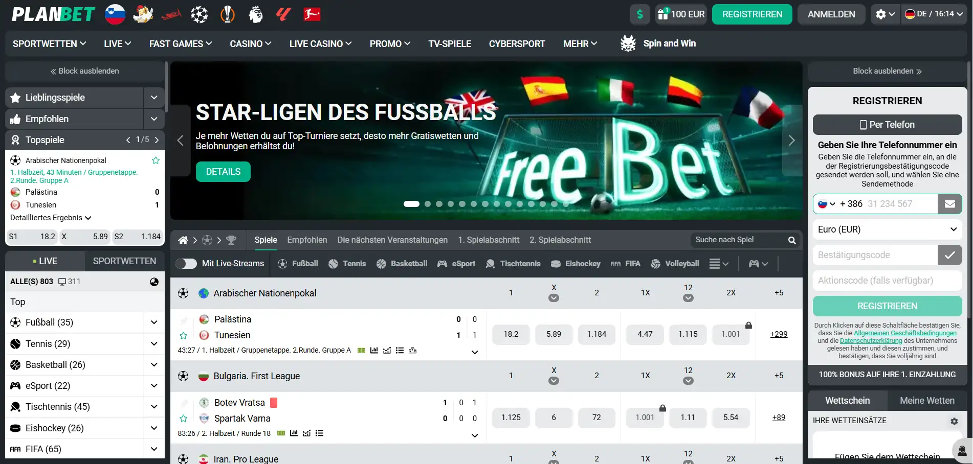 Planbet Casino-Menü